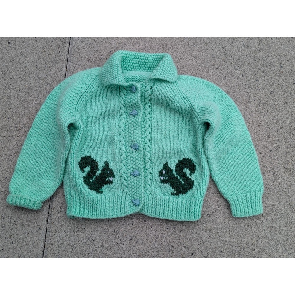 VTG Sweater Girls 18-24 Months Green Cardigan Squirrel Turtle Knit Buttons 70s